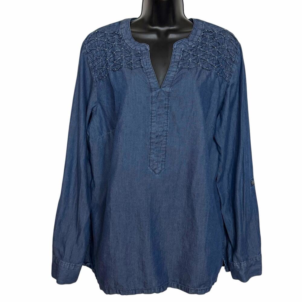Bandolino Blu Trinity Roll Tab Denim Blouse Top Dark Chambray Embroidered Large